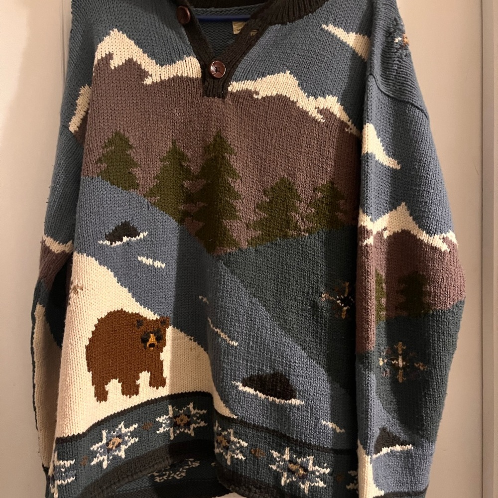 Cabela's Blue and Brown Mountain Bear Sweater